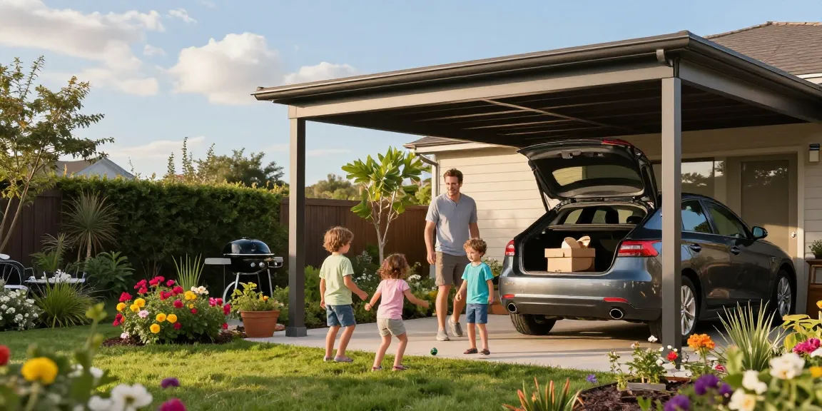 Ein moderner Carport schützt Fahrzeuge, während eine Familie im Garten entspannt.