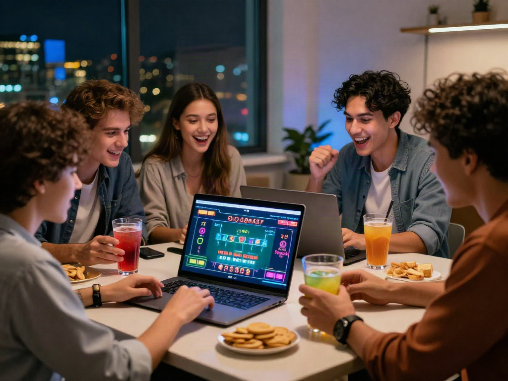 Friends joyfully engaging in a live casino game online, optimizing their TảiXo88 experience with snacks and drinks.