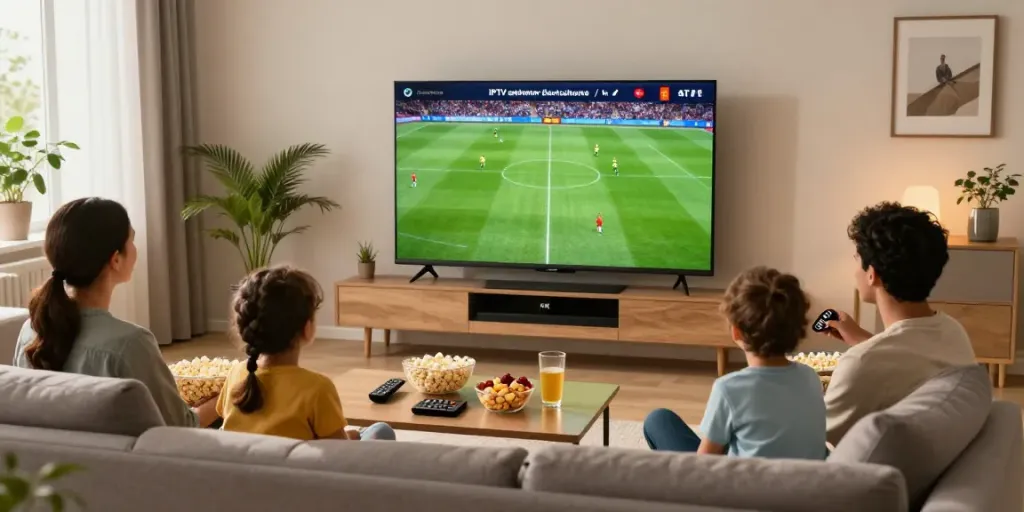 Family enjoying IPTV anbieter Deutschland services on a large 4K TV in a cozy living room.