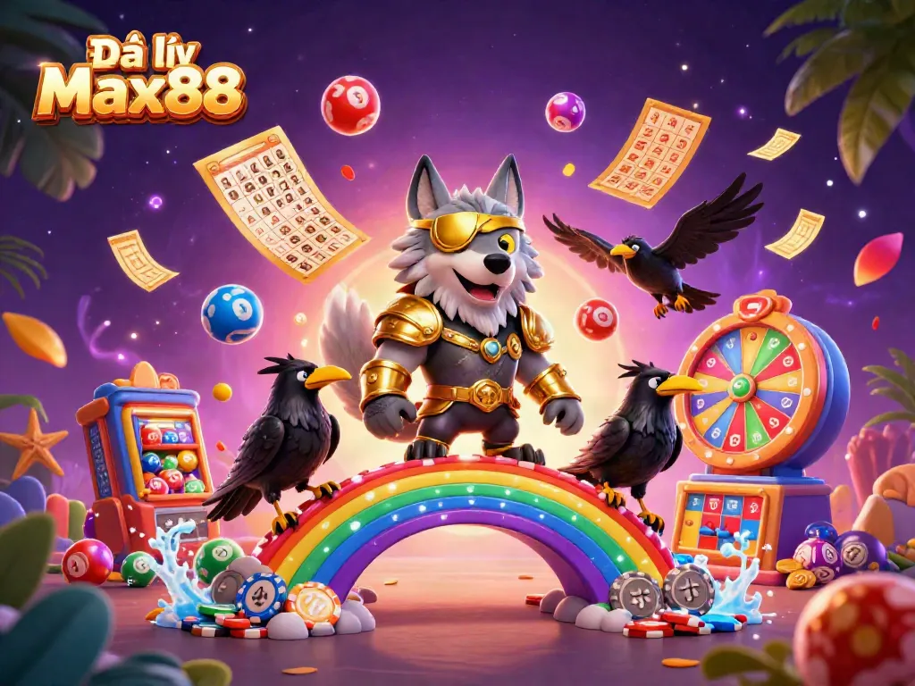Engage with the Đại lý Max88 scene featuring Odin and his ravens among vibrant casino elements.