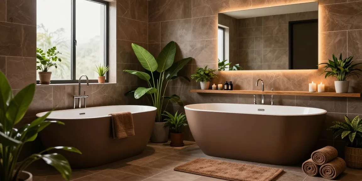 Moderne badkamerinterieur met prachtige bruine badkamertegels en elegante decoratieve elementen voor een stijlvolle ambiance.