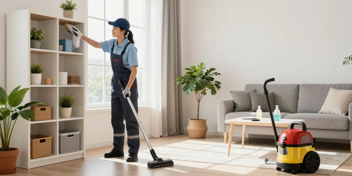 Professional cleaner from reinigungsfirma solothurn organizing and dusting a bright living room.