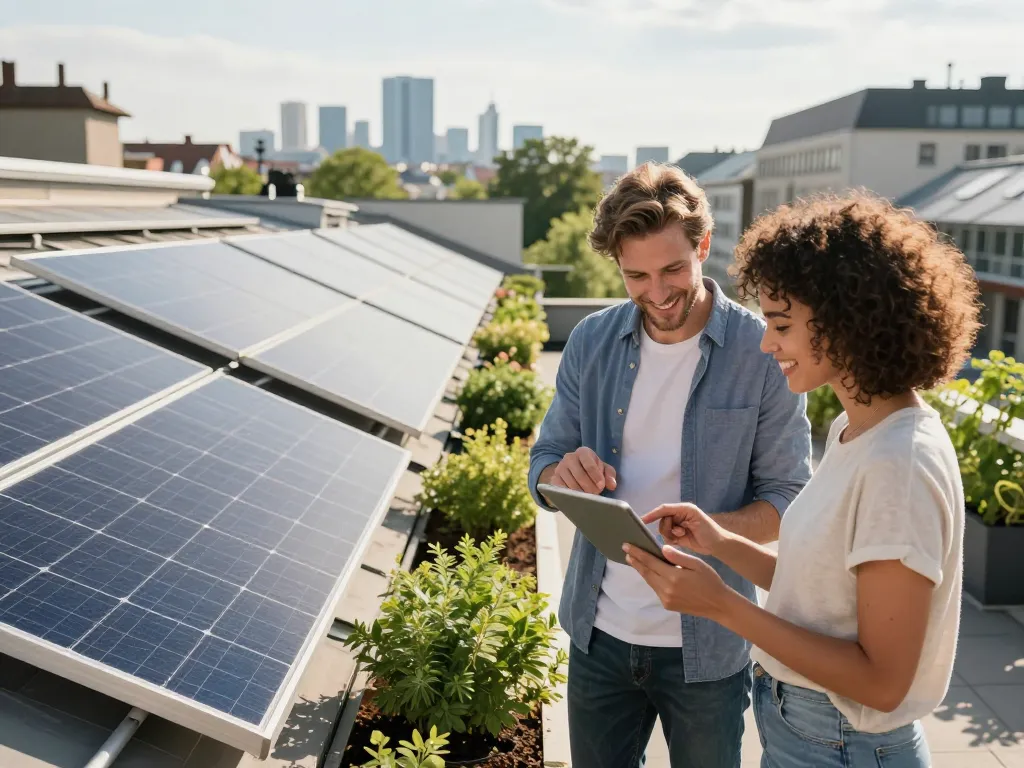 Hausbesitzer diskutieren Photovoltaik Wien Optionen auf einem Dach mit Solarpanels.
