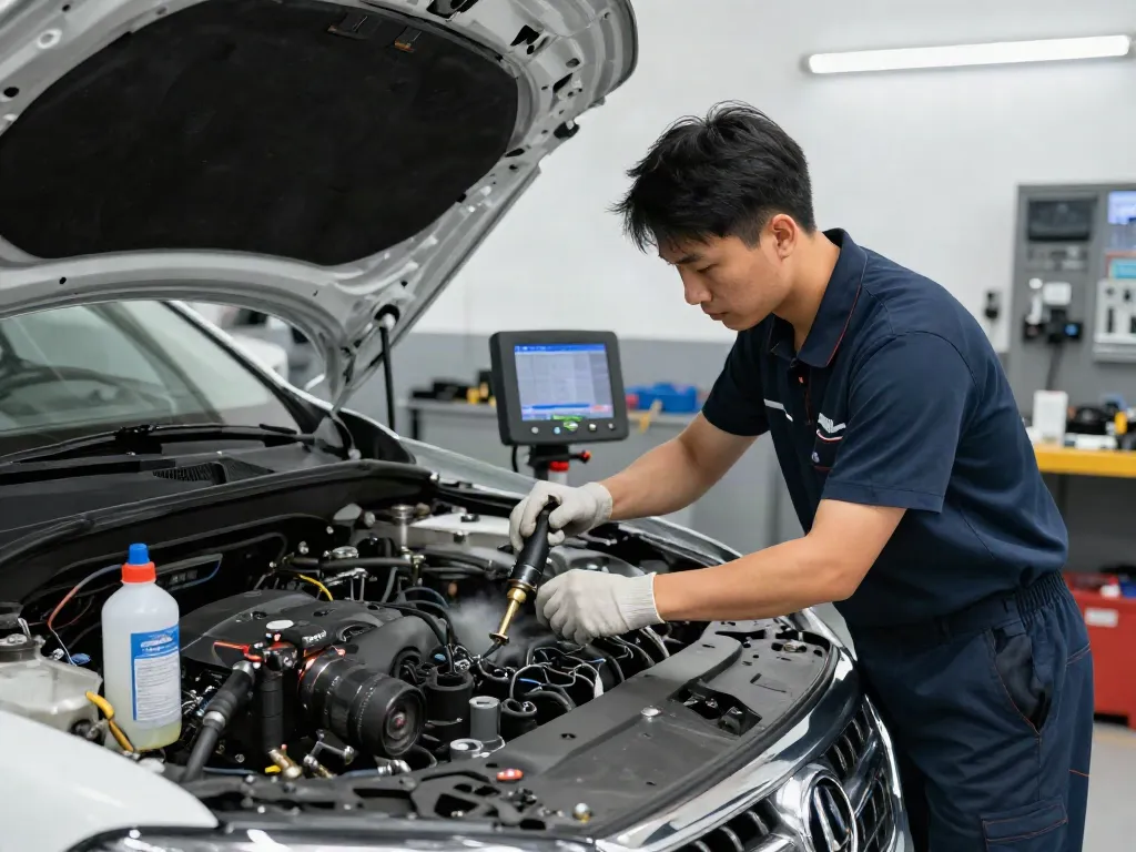 Professionelles DPF reinigen in einer Werkstatt mit einem Mechaniker, der sorgfältig einen Dieselpartikelfilter reinigt.