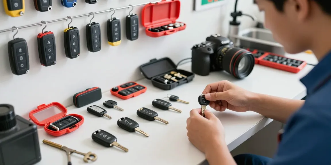 Schlüssel für Auto im professionellen Schlüsseldienst-Werkstatt mit einem Experten, der verschiedene Autoschlüssel bearbeitet.