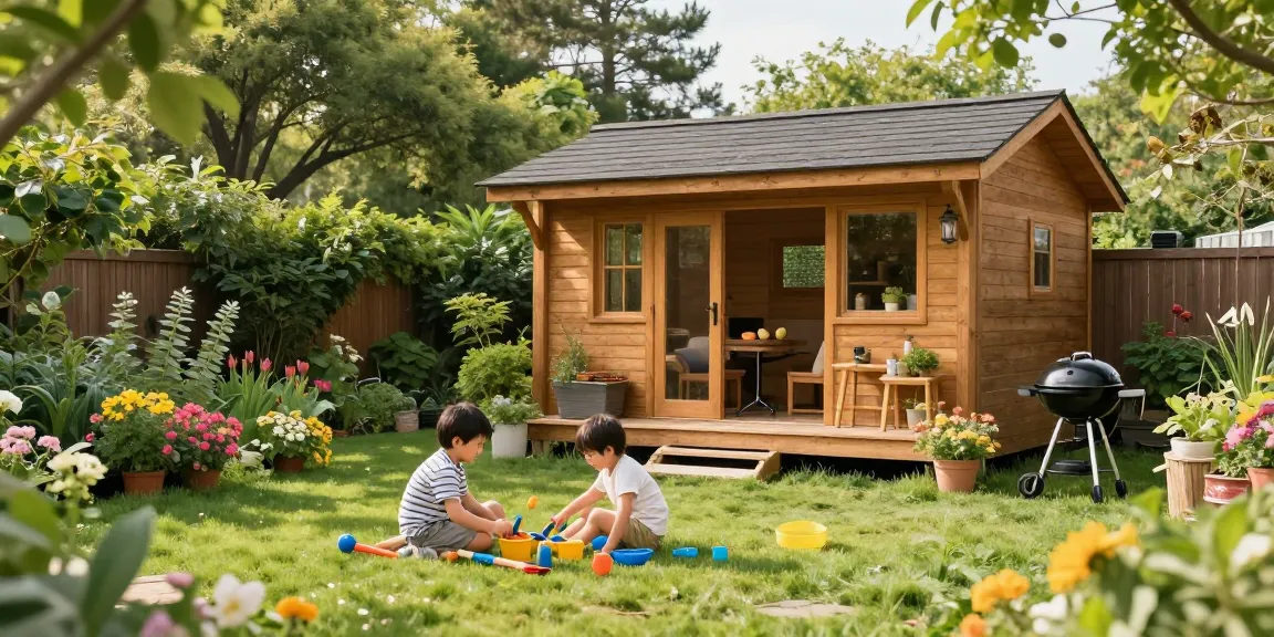 Gemütliches Gartenhaus aus Holz im Garten mit spielenden Kindern und blühenden Pflanzen.