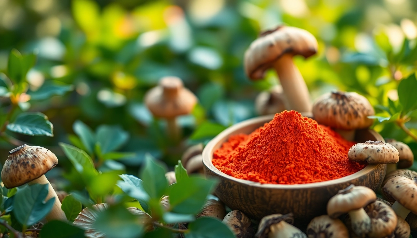 Fliegenpilz pulver in rustic bowl with dried mushrooms, showcasing its vibrant color and natural setting.