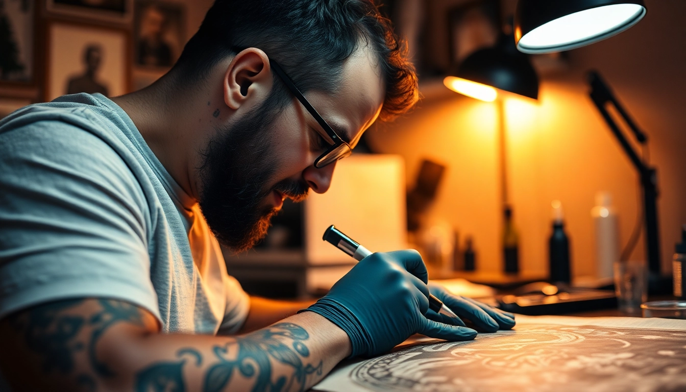 Handwerk in einem Tattoo Studio München: Ein Tätowierer erstellt ein detailliertes Tattoo mit präziser Technik.