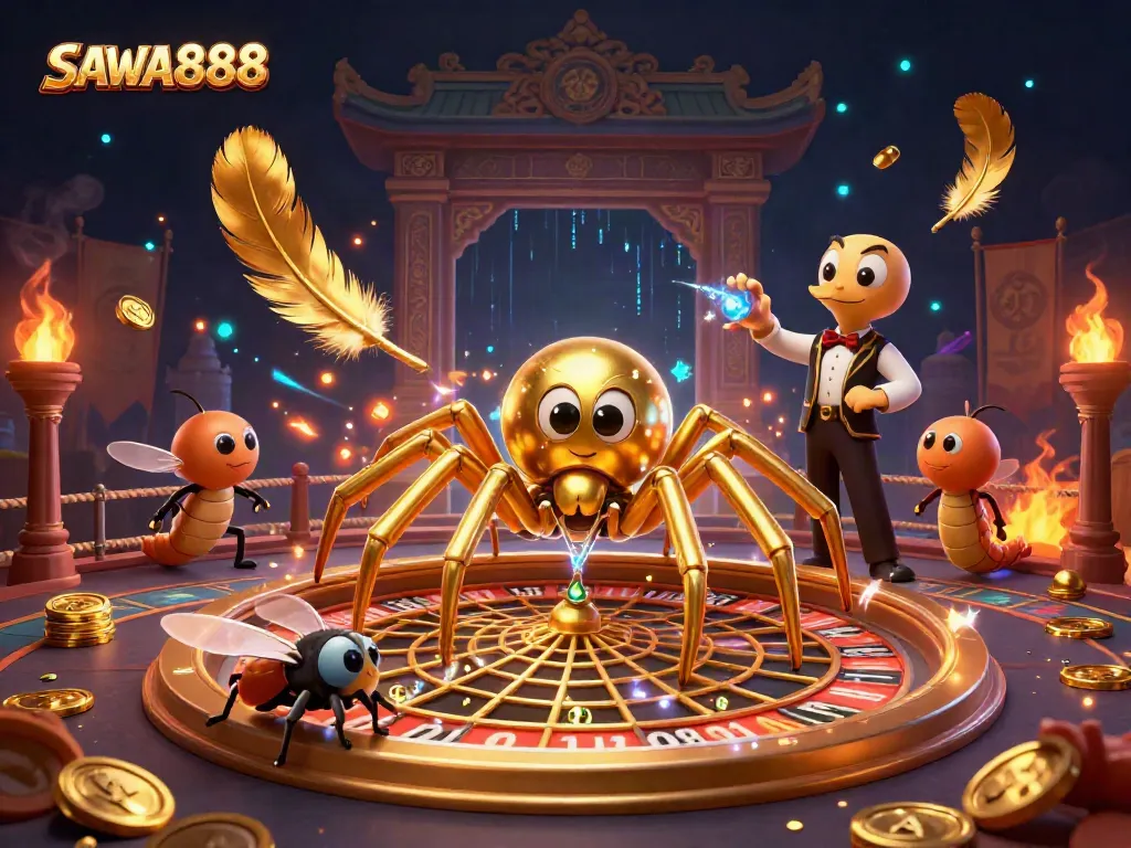 Experience the excitement of betting at SAWA888 with a vibrant roulette scene featuring a golden spider and centipede croupier.