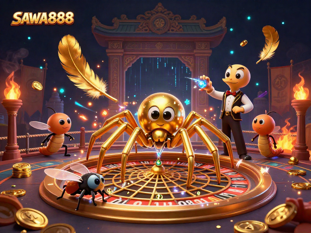 Experience the excitement of betting at SAWA888 with a vibrant roulette scene featuring a golden spider and centipede croupier.