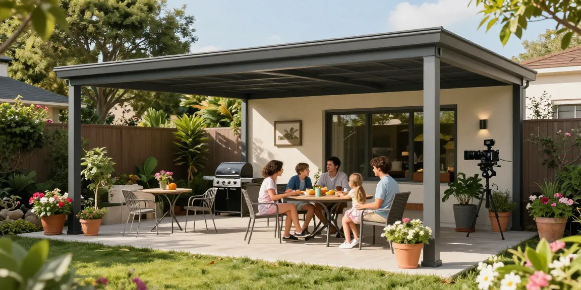 Freistehende Terrassenüberdachung mit Familie im Garten, entspannend in der Sonne.