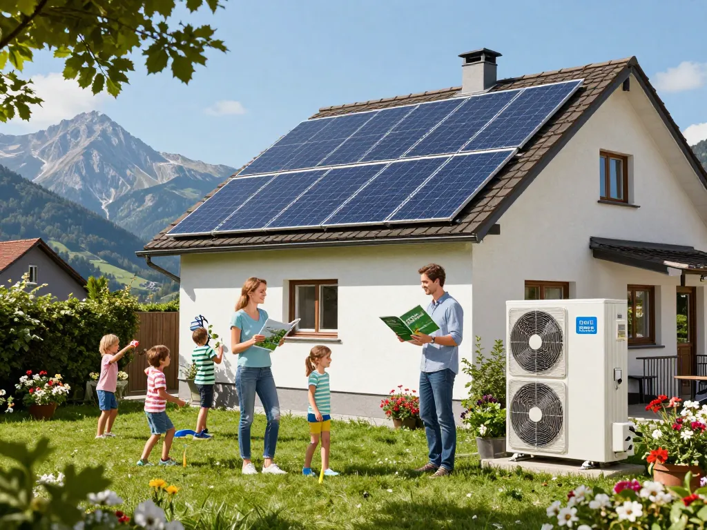 Installation von Photovoltaik Bayern Solarpanelen auf einem bayerischen Haus, mit einer Familie, die die Natur genießt, und einer sichtbaren Wärmepumpe.