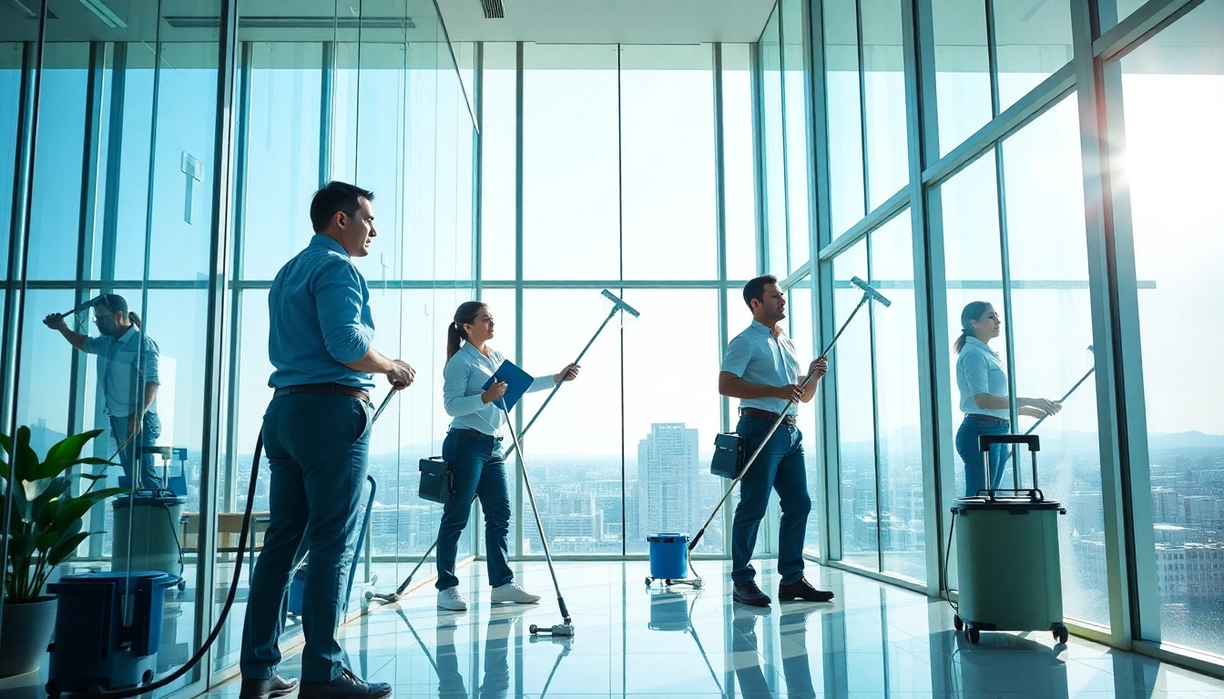 Das Team von Gebäude mit Herz reinigt sorgfältig die Fenster eines modernen Büros.