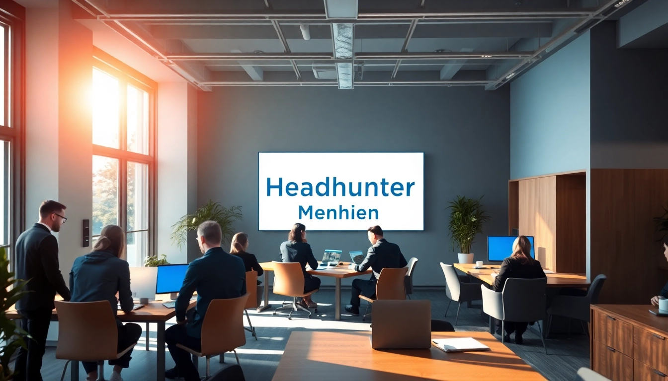 Professionelle Teamarbeit in einem Büro mit dem Schild Headhunter München im Hintergrund.