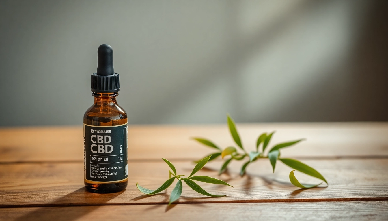 CBD-Öl-Fläschchen und frische Hanfblätter auf einem Tisch, hochwertig präsentiert.