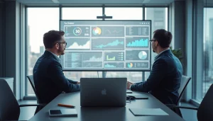 Das Bild zeigt ein Headhunter IT-Team, das erfolgreich in einem modernen Büro arbeitet und Daten analysiert.