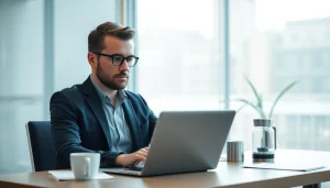 Headhunter Köln bei der Arbeit in einem modernen Büro, konzentriert auf den Laptop.