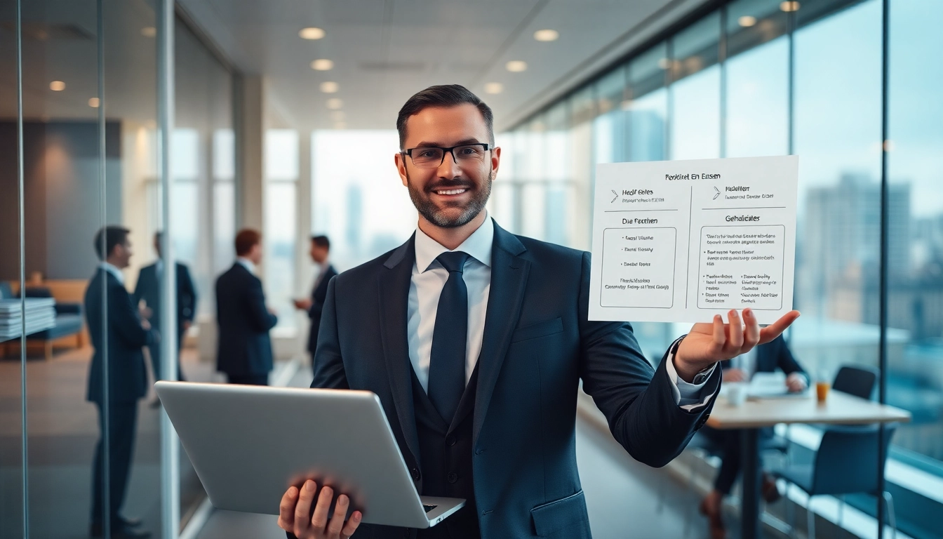 Headhunter Essen zeigt Erfolg mit Laptop und Kandidatendiagramm in modernem Büro.