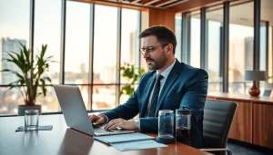 Headhunter Krefeld bei der Arbeit in einem modernen Büro mit Laptop und Notizen.