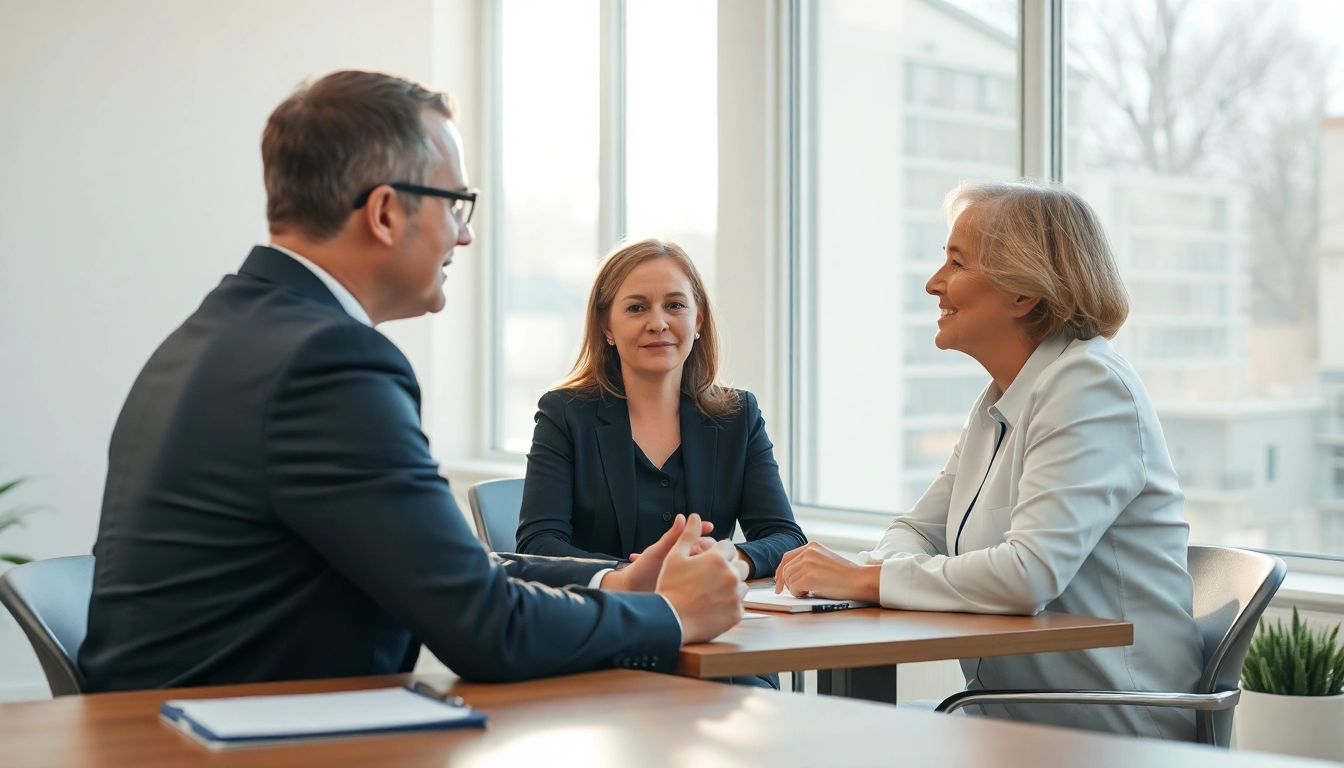 Headhunter Pflegekräfte führt ein Vorstellungsgespräch mit einem Bewerber in einem hellen, einladenden Raum.