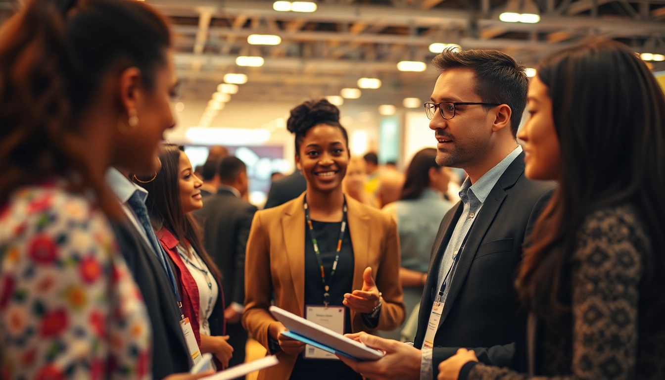Headhunter engages with diverse candidates at a recruitment fair.