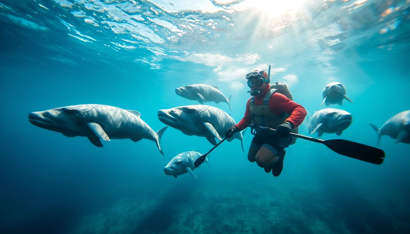 Tauchen Bullenhaie: Ein Taucher interagiert mit majestätischen Bullenhaien im klaren, blauen Wasser.