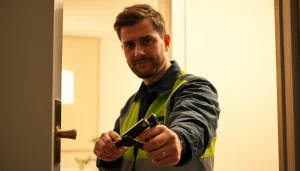 Schlüsseldienst Karlsruhe - Professioneller Techniker bei der beschädigungsfreien Türöffnung.