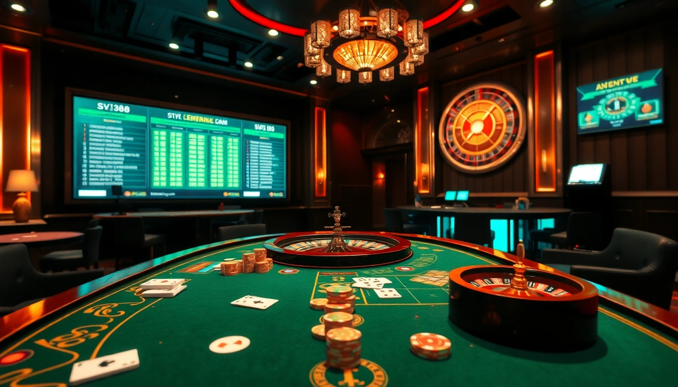 SV388 casino scene with elegant poker table, chips, and roulette wheel showcasing thrilling betting.