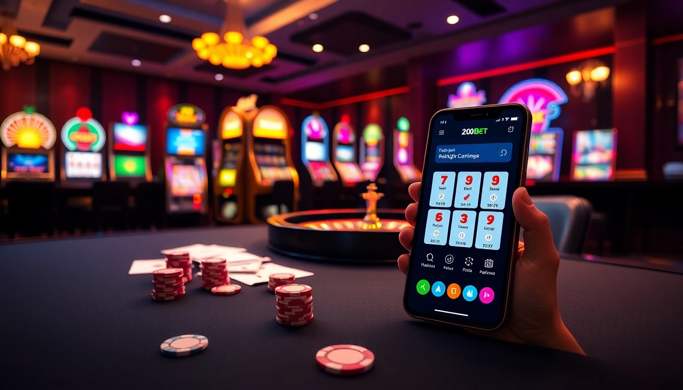 Engaging scene showcasing the 20bet App integrated into a luxurious casino environment filled with cards and chips.