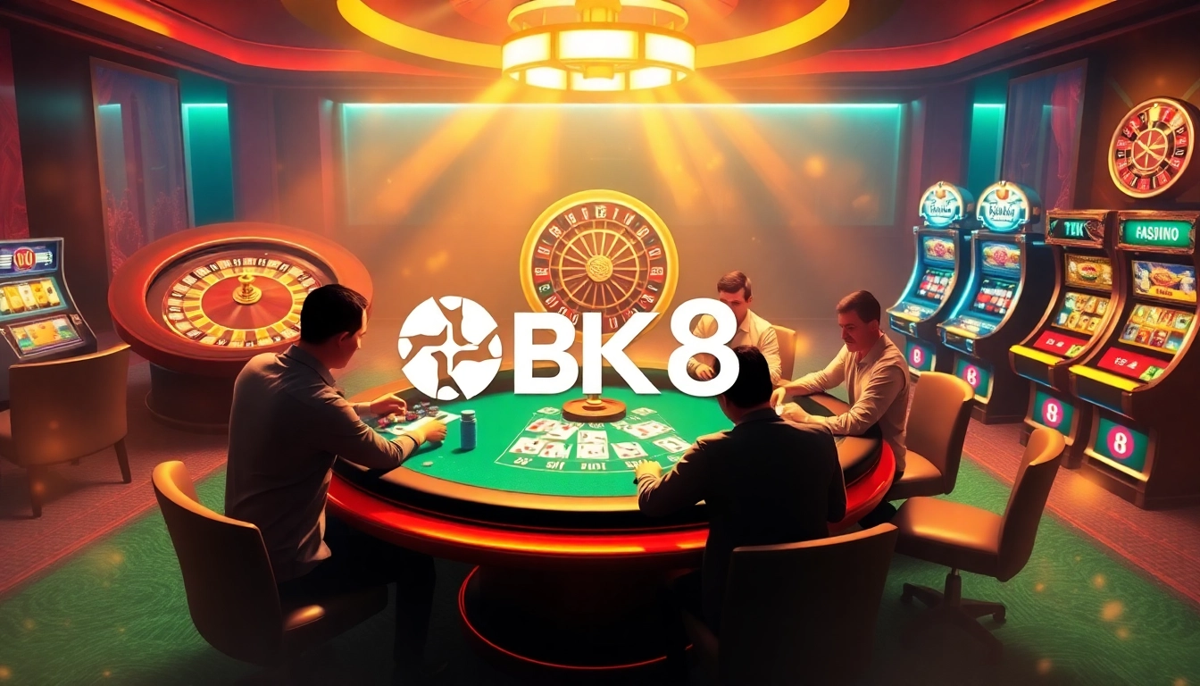 Engage in a thrilling poker game at BK8 casino with vibrant chips and cards.