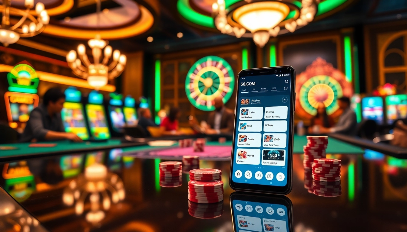 Experience S8 gaming excitement with a luxurious casino atmosphere, poker chips, and vibrant mobile interface.