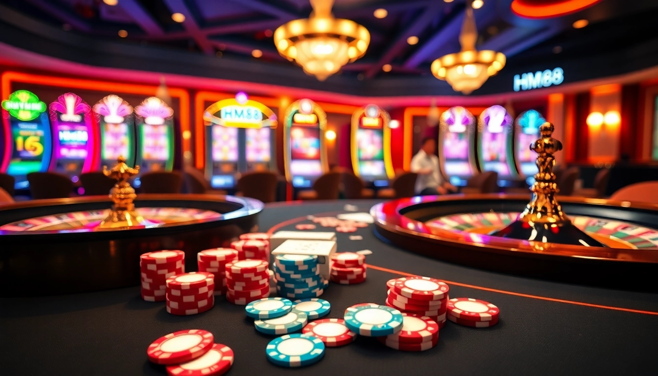 Exciting game scene with HM88 casino chips and cards on a vibrant table