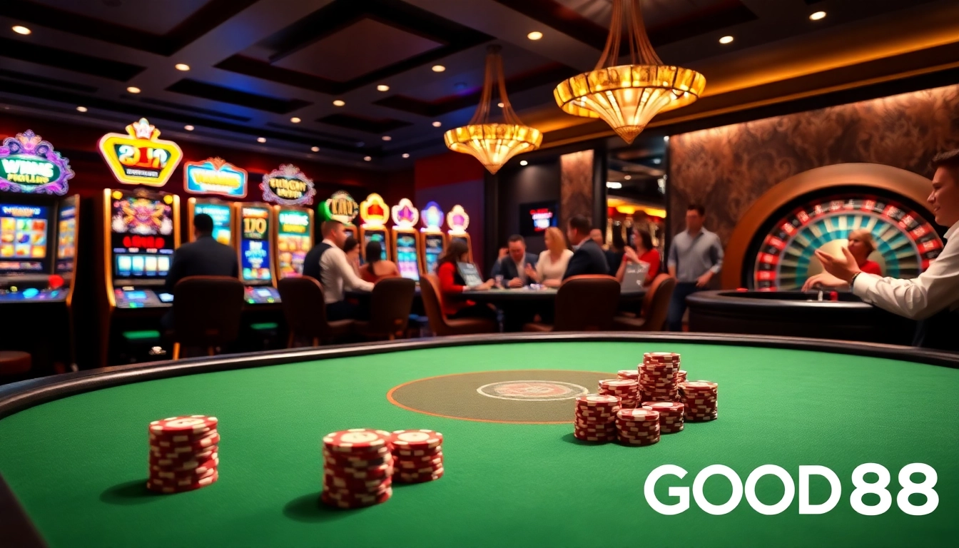 Experience thrilling poker action at GOOD88, where vibrant chips and a busy casino steal the spotlight.
