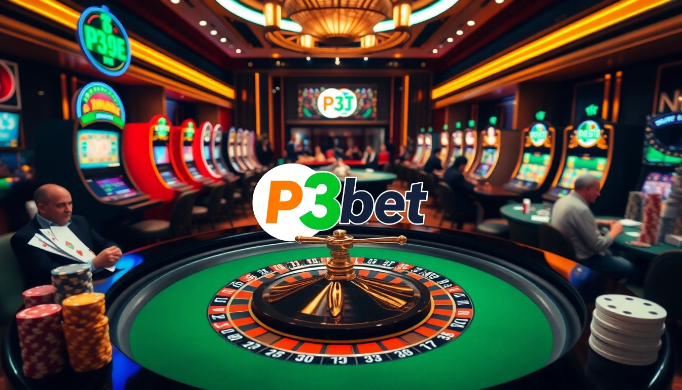 P3bet roulette table with vibrant slot machines, showcasing an exciting casino atmosphere.