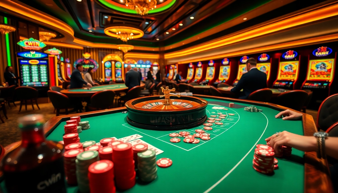 Experience the thrill of cwin at a vibrant casino table with cards and colorful chips.