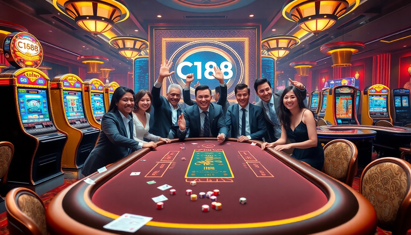 C168 casino table scene with lively players celebrating their wins amid glamorous decorations.