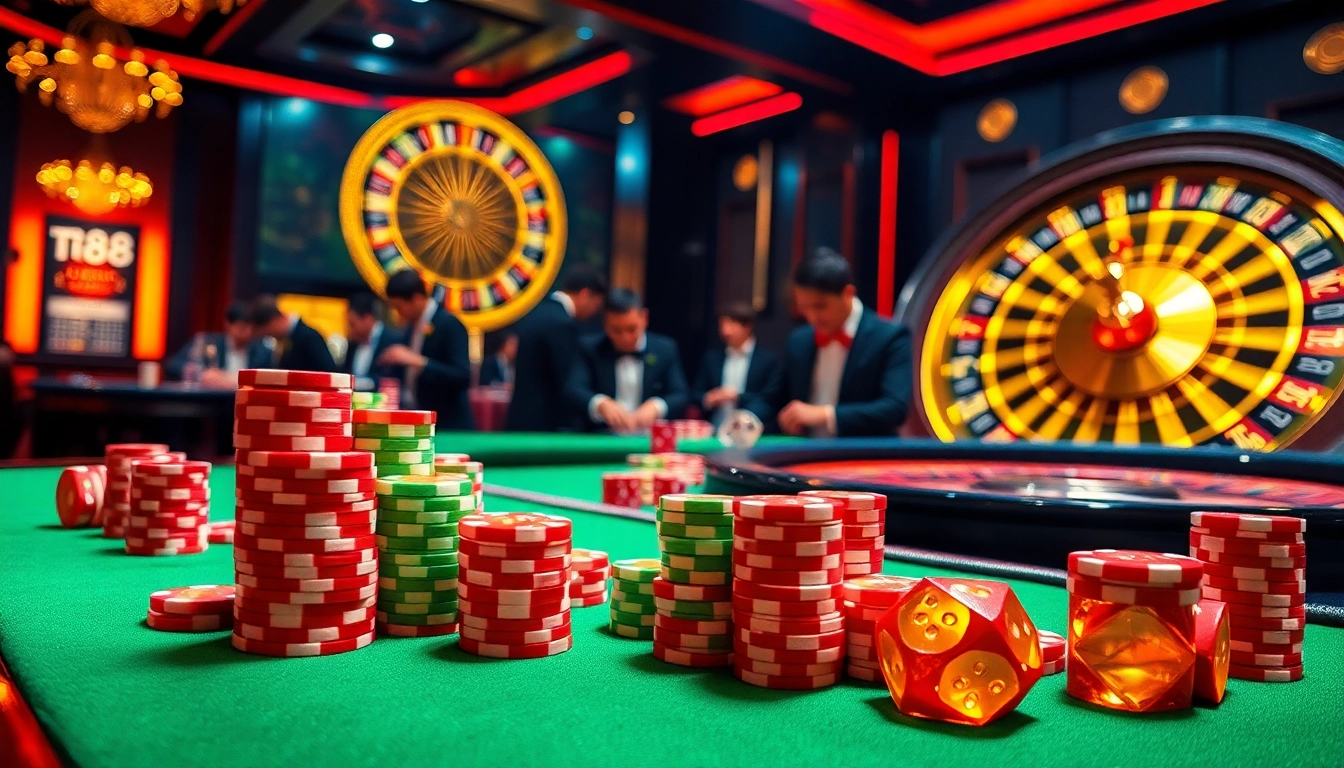 Experience the thrill of gambling at tr88 with vibrant poker chips and a luxurious casino setting.