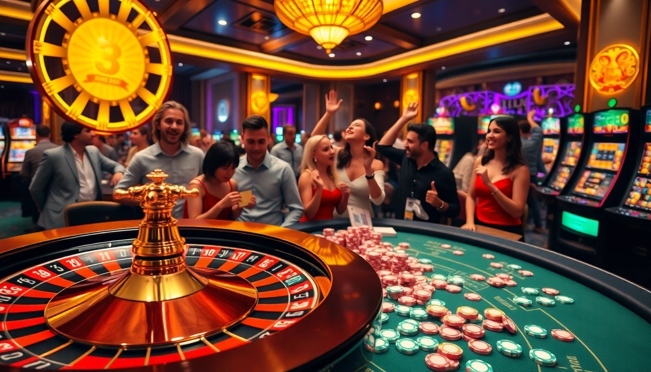 Experience the excitement at https://f122.com.br/ with poker chips and a roulette wheel in a vibrant casino scene.