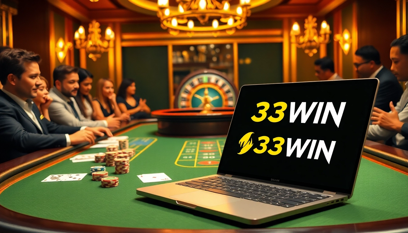 Players enjoying high-stakes poker at a luxury casino table with vibrant 33WIN elements.