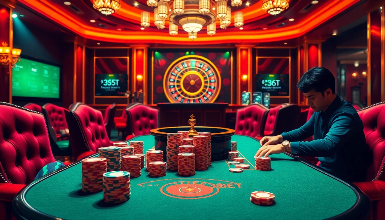 Engaging scene of players at a luxurious 368BET poker table, showcasing vibrant chips and a roulette wheel.