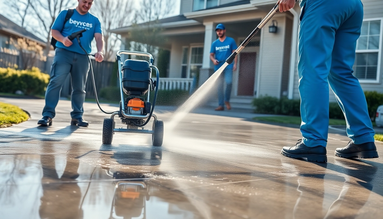 Concrete cleaning in action by professionals using advanced pressure washing equipment