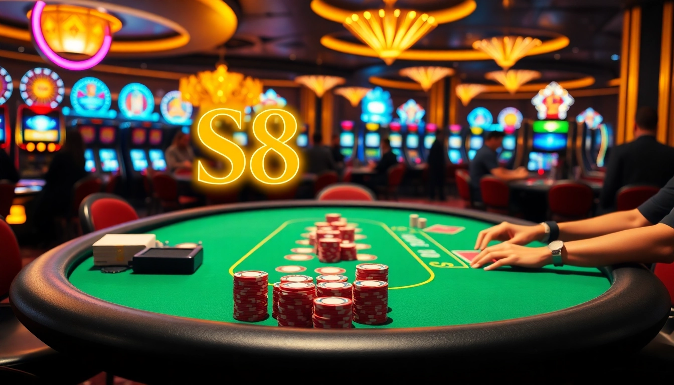 Engaging casino scene featuring S8 poker table with vibrant chips and excited players.