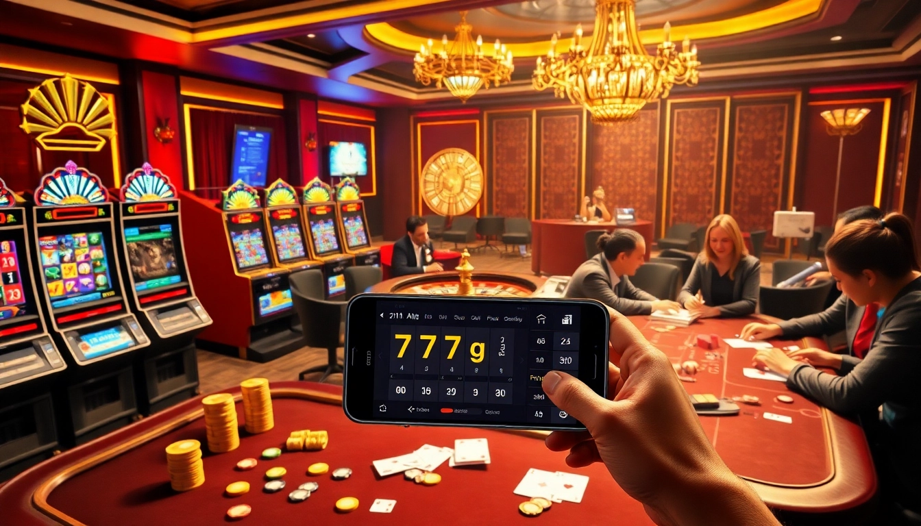 A lively casino environment showcasing gameplay on the 777g App with a roulette wheel and vibrant slot machines.
