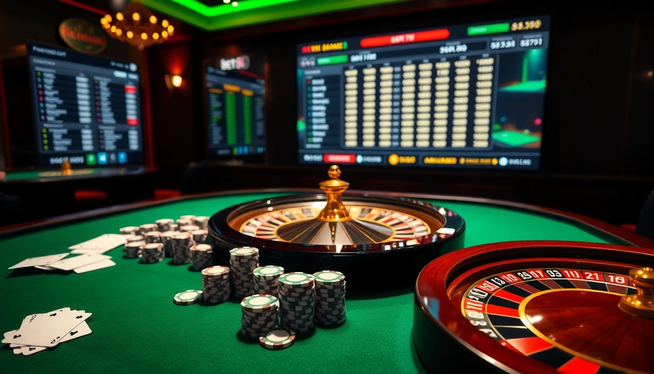 Experience the thrill of BET88 with professional casino tables, poker chips, and a roulette wheel.