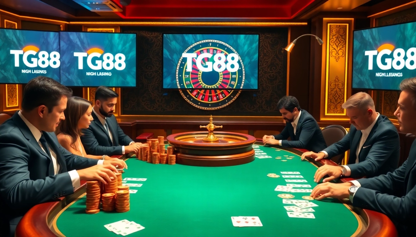 High-stakes poker action showcasing TG88 with elegant players and casino elements.