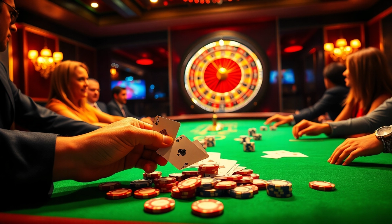 Experience the thrilling poker action at https://f168.today/, featuring a vibrant casino table and colorful chips.