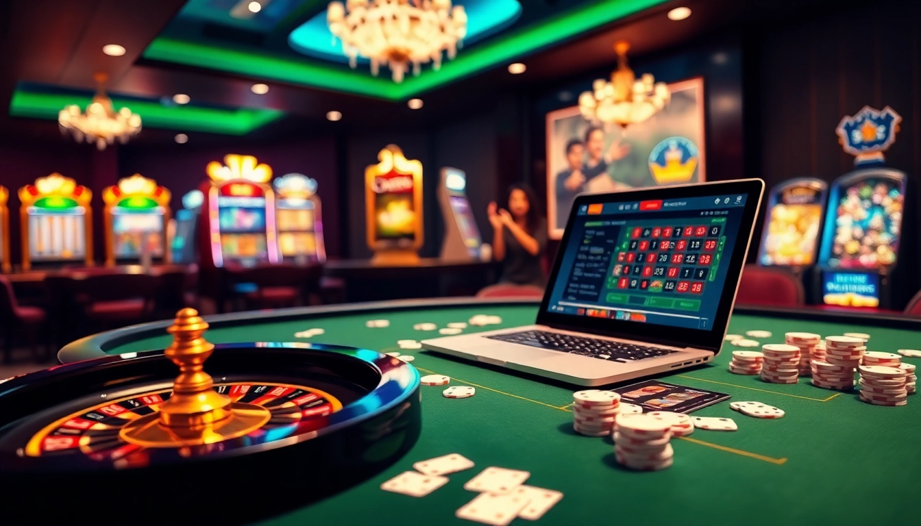 A vibrant online gaming scene showcasing gambling excitement at https://topclub.site/ with roulette, poker chips, and a sleek gaming interface.