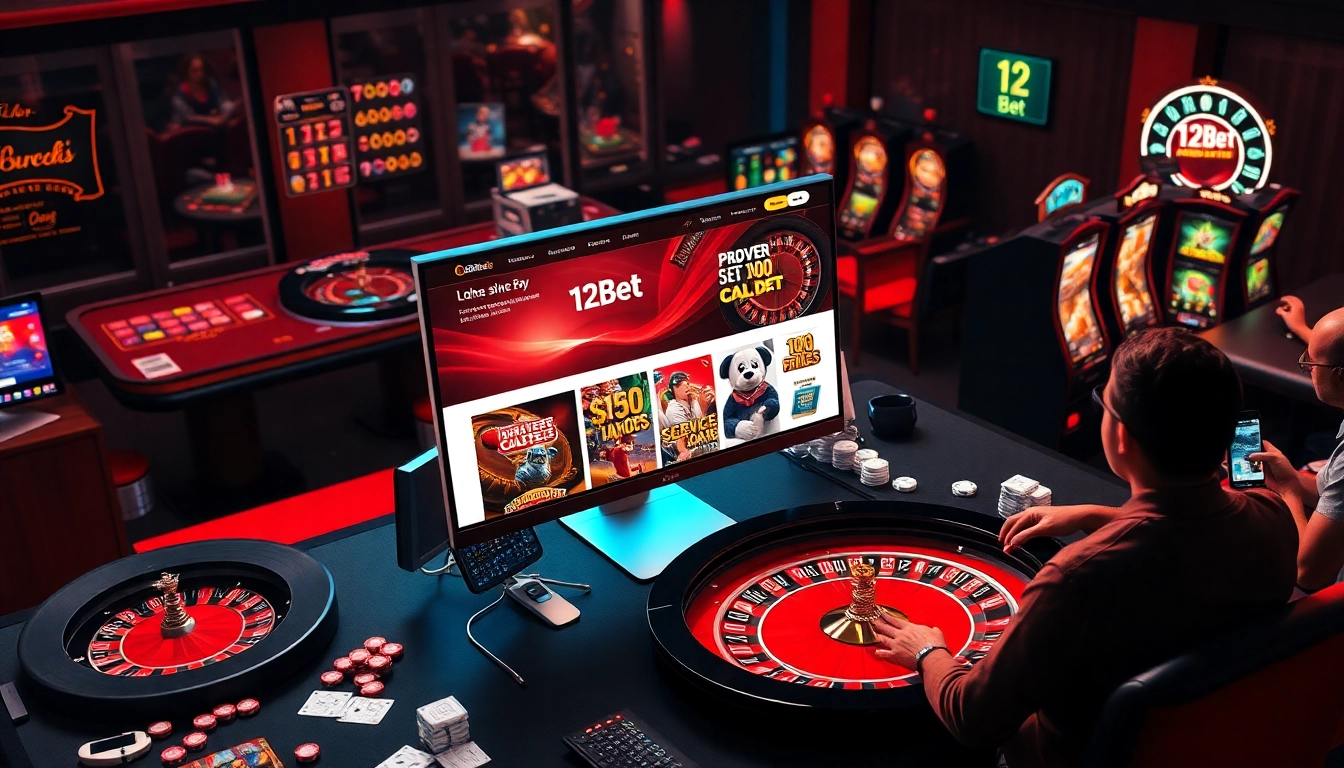Experience the excitement of online gambling with link 12bet displayed prominently on a sleek desktop interface.