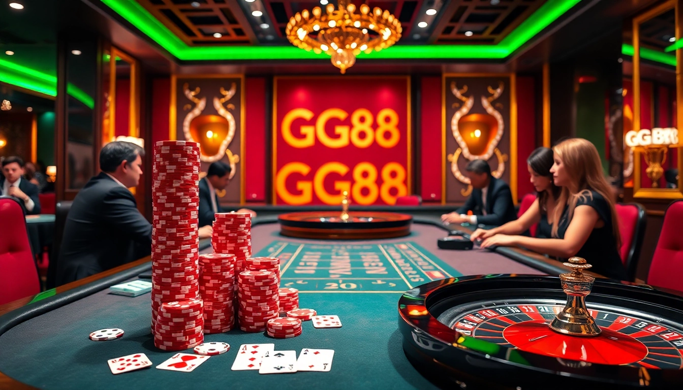 Engage with the excitement of GG88 casino gaming featuring vibrant tables, poker chips, and cards.