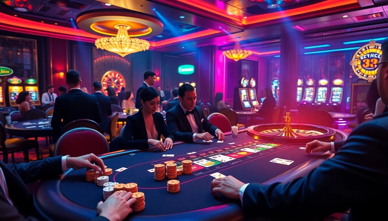 Experience the excitement of gambling with 33WIN at a luxurious poker table, surrounded by vibrant casino elements.